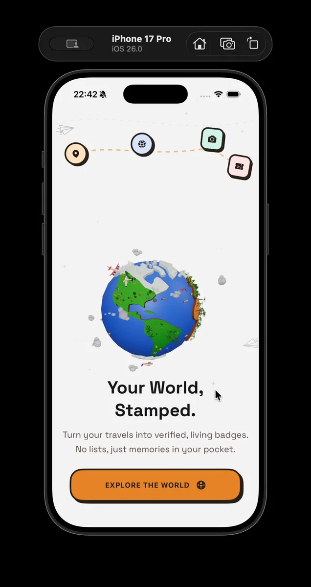 A playful 3D globe and travel badges on the Binshot onboarding screen titled Your World, Stamped