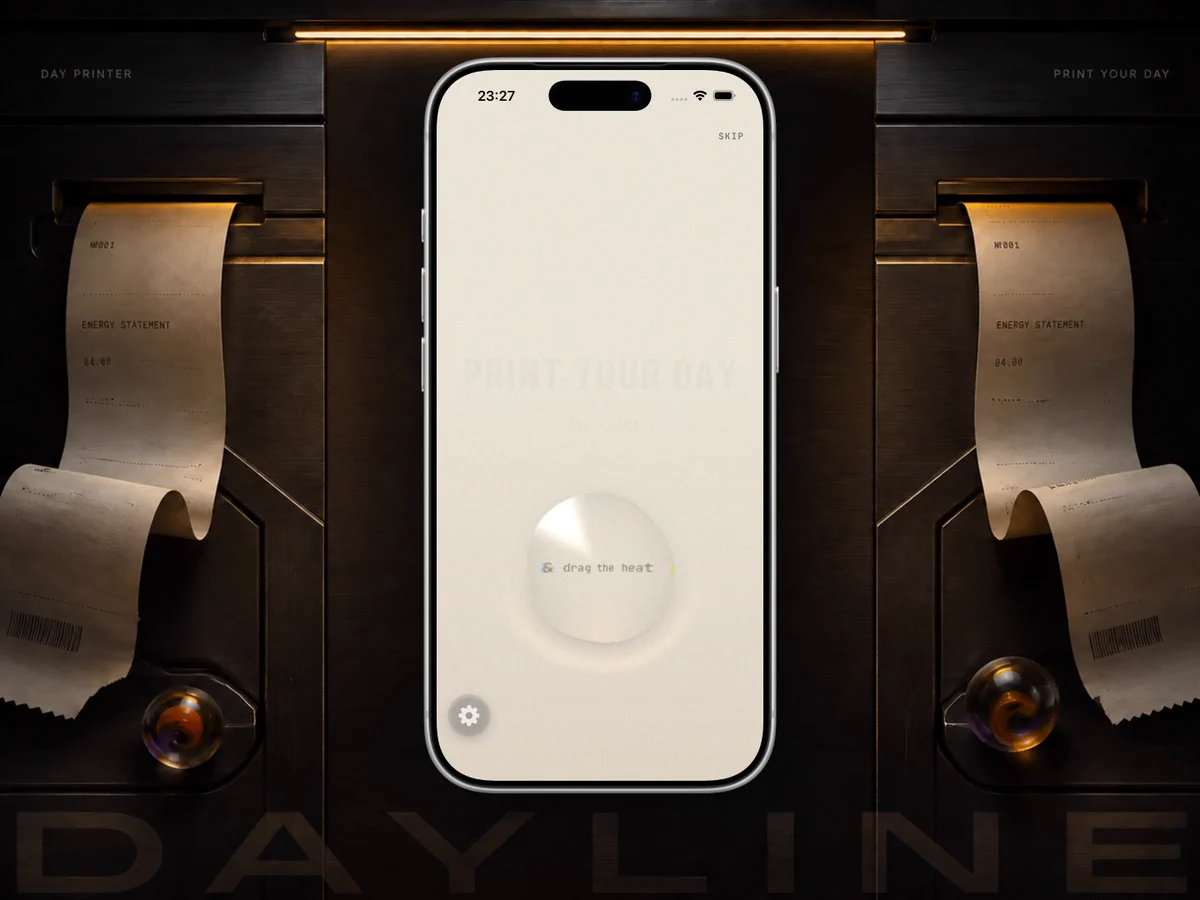 Dayline welcome-screen demo in an iPhone frame with a tactile drag control and printed receipts